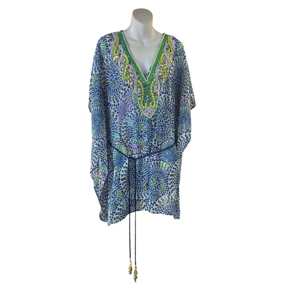 LUCKY & COCO Rayon Beach Boho Dress Blue Lime Green & Beading Sz M